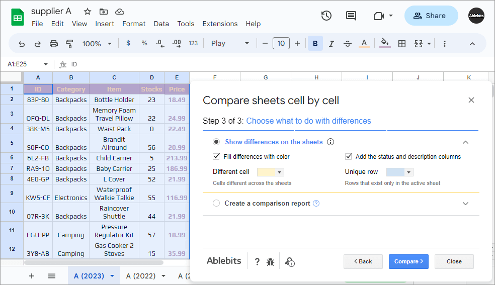 Compare Sheets add-on for Google Sheets Screenshot