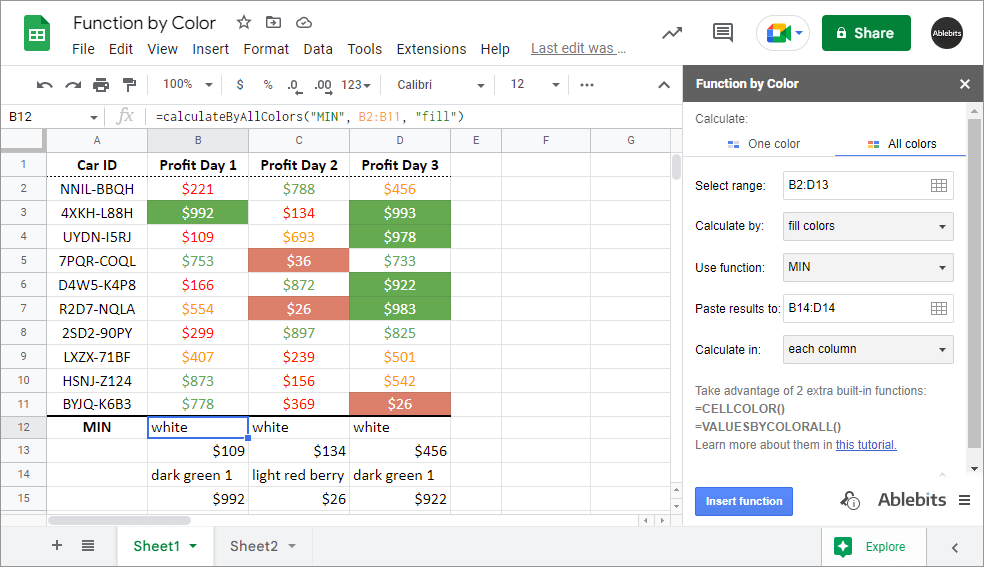 Function by Color add-on for Google Sheets Screenshot